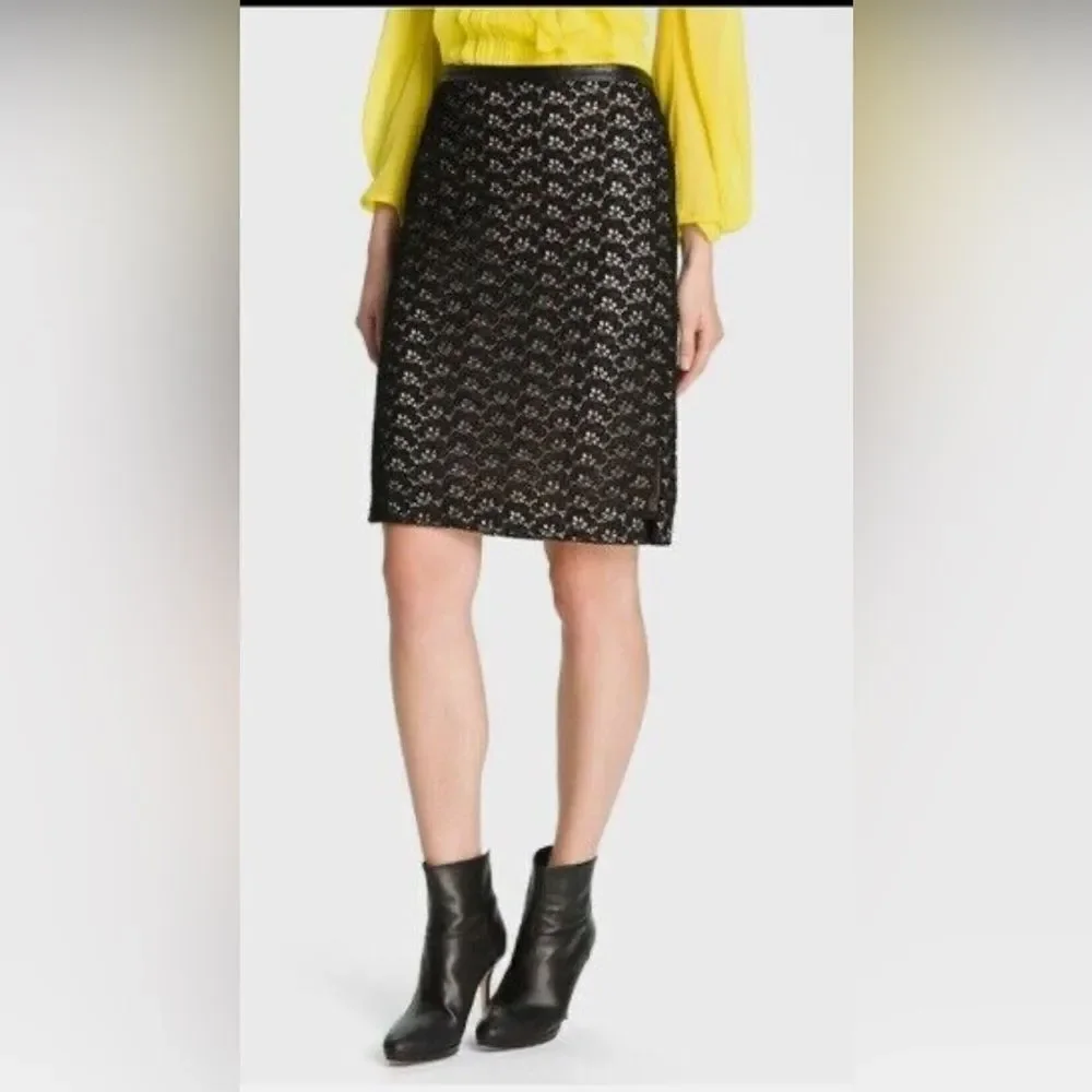 Diane Von Furstenberg Stevie Acorn Lace Faux Leather Trim Zip Slits Pencil Skirt